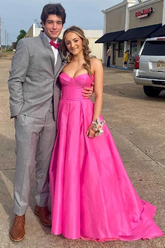 Plus - size party dresses with a flattering cut for all body types​Fuchsia Strapless Satin Sweeping Long Prom Evening Dress With Pockets PSK432