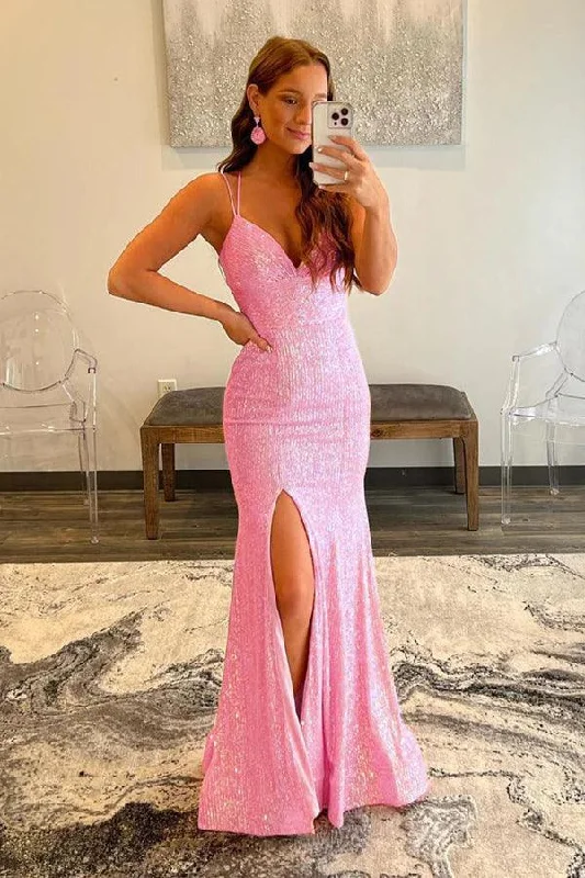 Tea - length party dresses for a sophisticated and versatile option​Glitter Mermaid Pink Sequins Mesh Split Prom Evening Dress PSK425