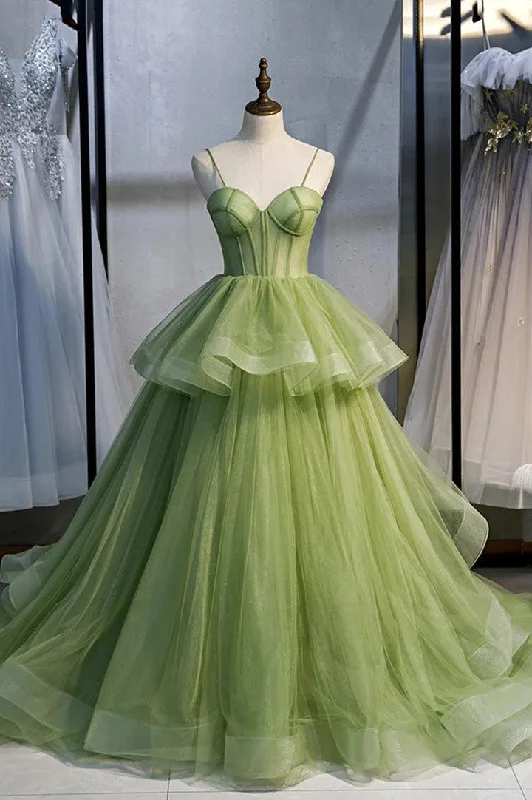 Plus - size party dresses with a flattering cut for all body types​Green Tulle Long Prom Dresses A-Line Evening Dresses with Train  PSK418