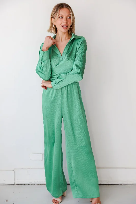 Wedding guest dresses with button - down fronts and A - line silhouettesFINAL SALE - Irresistibly Chic Green Satin Jumpsuit