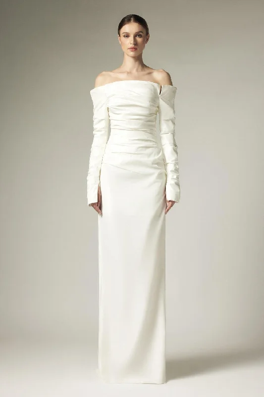 Party dresses with a sheer panel for a hint of allure​Janet Sheath Off-Shoulder Polyester Floor Length Dress