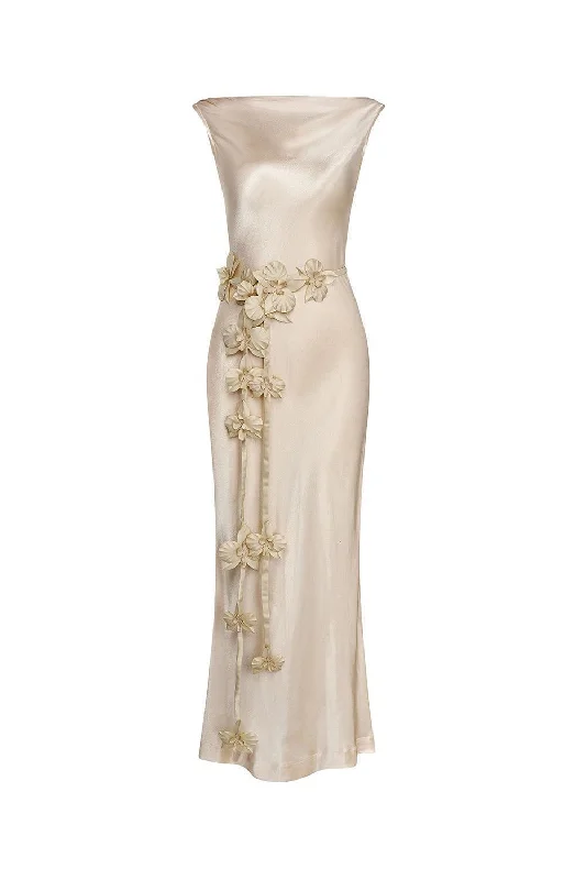 Long - length party dresses with a high - low hem for a trendy style​Jena Sheath Sleeveless Silk Floor Length Dress