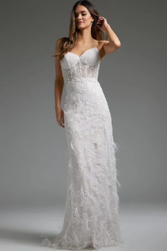 Wedding dresses with a detachable skirt for versatility​Jovani JB40590 Lace Bridal Gown Long Beaded Fit Wedding Dress