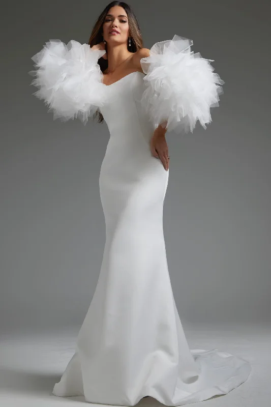 Wedding dresses with a bateau neckline for a classic shape​Jovani JB40601 Long Fitted Puff Wedding Dress