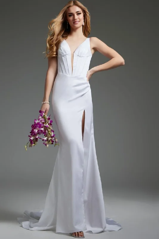 Empire waist wedding dresses with beaded bodices​Jovani JB40782 Fitted Long High Side Slit Wedding Dress