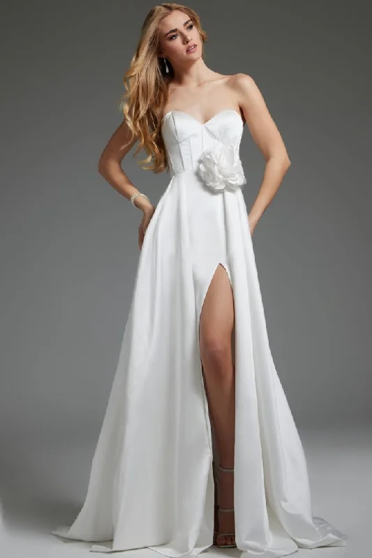 Cathedral train wedding dresses for a grand entrance​Jovani JB40825 Bridal Gown A Line Corset Bodice Long Wedding Dress