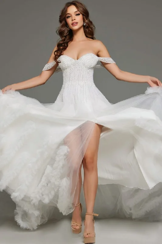 Sleeveless wedding dresses with a beaded belt​Jovani JB41159 Briddal Gown Long Ruffle Wedding Dress