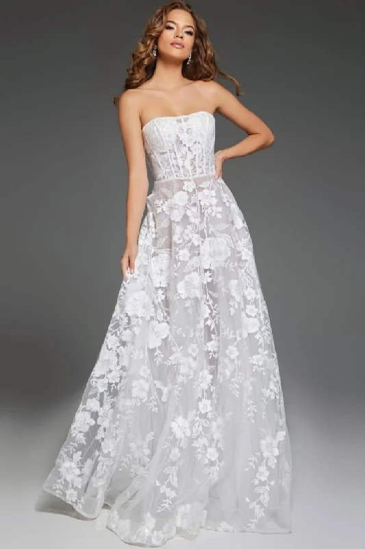 Chiffon and tulle combination wedding dresses​Jovani JB42148 A Line Bridal Gown Long Floral Wedding Dress