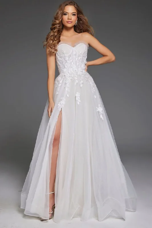 Wedding dresses with a bateau neckline for a classic shape​Jovani JB42485 Long Floral A Line Slit Wedding Dress