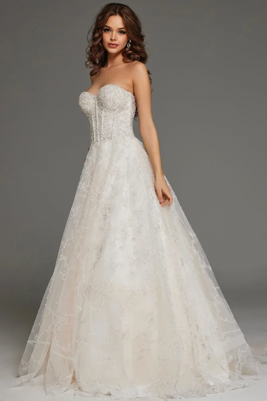 Sheath satin wedding dresses for a sleek appearance​Jovani JB42766 Corset Bridal Gown Long Lace Details Wedding Dress