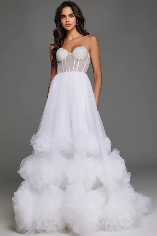 Long - sleeved lace wedding dresses for a modest style​Jovani JB42782 A Line Long Floral Ruffle Wedding Dress