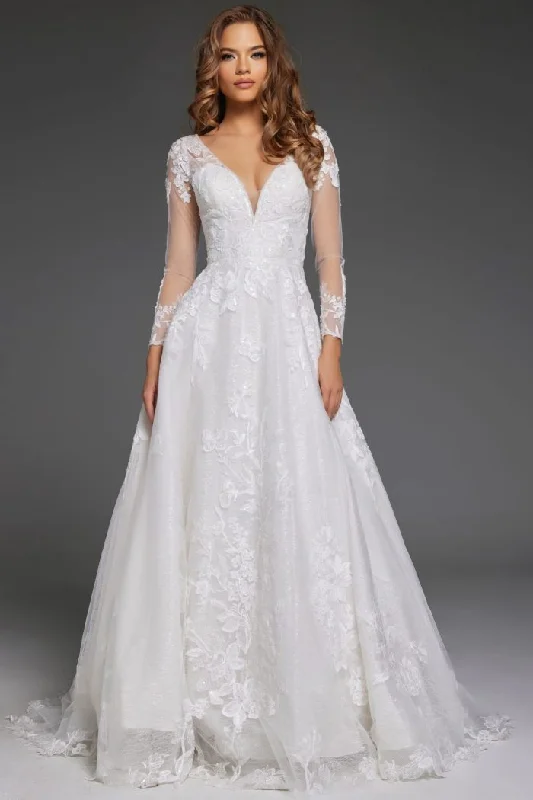 Modern minimalist wedding dresses with clean lines​Jovani JB43317 A Line Bridal Gown Sequin Long Wedding Dress