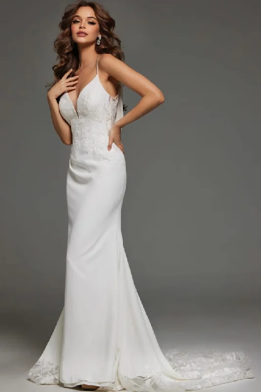 Sequined wedding dresses for a glamorous look​Jovani JB43322 Floral Lace Long Wedding Dress