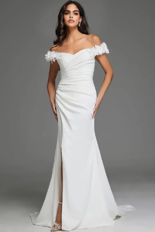 Backless wedding dresses with lace - up details​Jovani JB43323 Bridal Gown Long Floral High Slit Wedding Dress