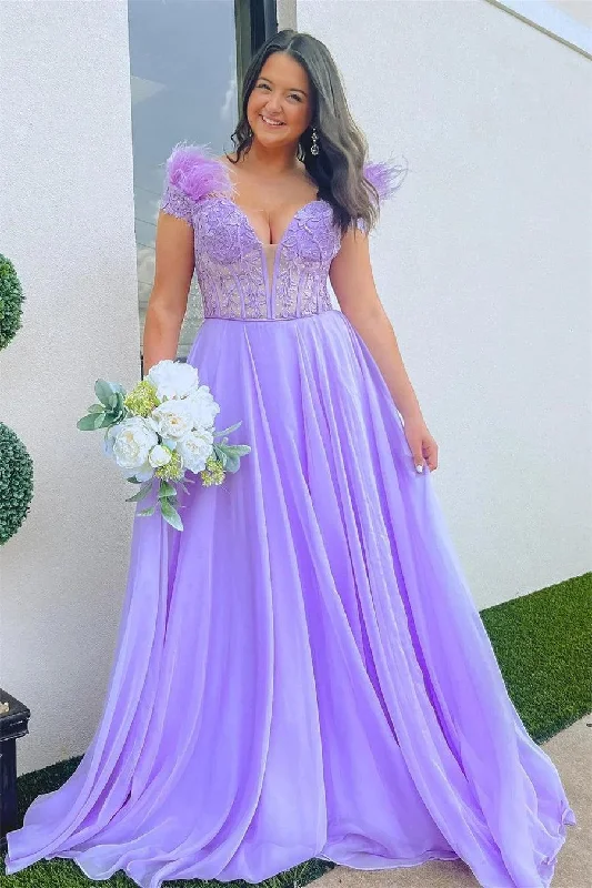 Velvet party dresses in rich jewel tones for a sophisticated appearance​A-line Lavender Plunging Off-the-Shoulder Feathers  Long Prom Dress  PSK433