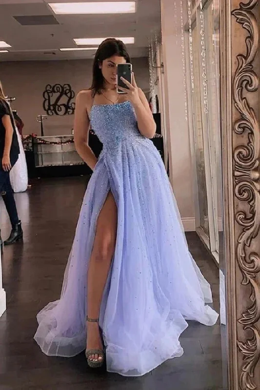Party dresses with a leatherette material for a tough and stylish appearance​Lavender Tulle A-line Beaded Long Prom Dresses Party Dresses With Slit  PSK436