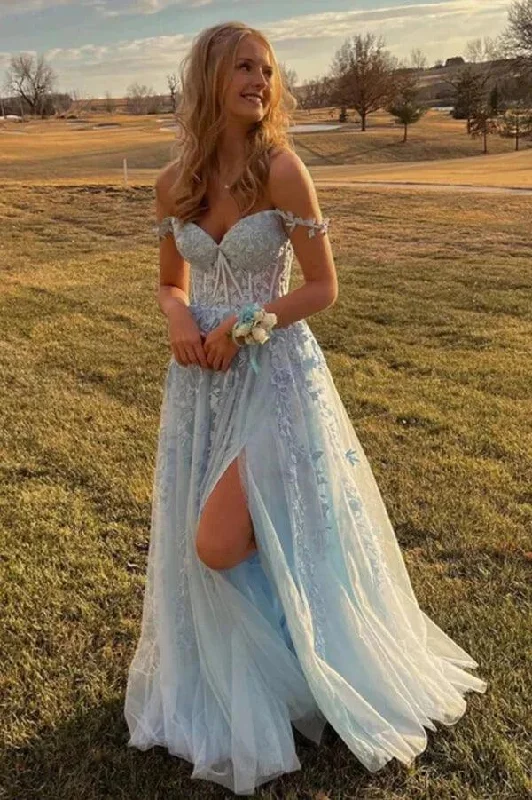 Party dresses with a unique neckline, like a sweetheart or square neck​Light Blue Tulle Off Shoulder Long Prom Dresses With Lace Appliques  PSK421