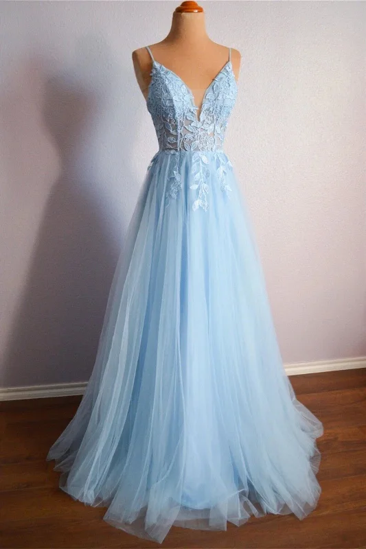 Party dresses with a geometric pattern for a contemporary look​Light Blue V Neck Lace-Up Appliques Tulle Long Prom Dress Evening Dress  PSK439
