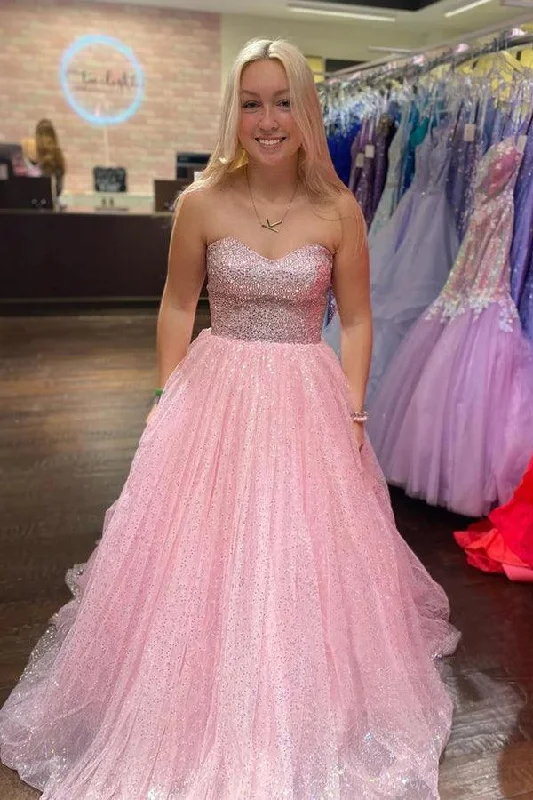 Party dresses with a metallic - thread embroidery for a luxurious touch​Light Pink A-Line Floor Length Strapless Sparkly Tulle Long Prom Dress  PSK411