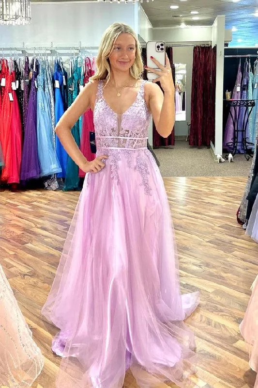 Party dresses with a denim material for a casual yet stylish look​Lilac A-line V Neck Beaded Appliques Sleeveless Tulle Long Prom Dress  PSK413