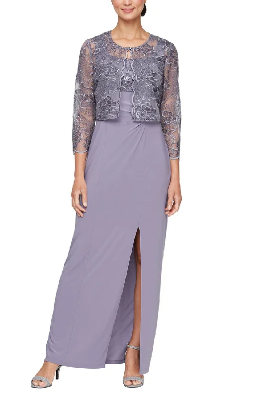 Embroidered wedding guest dresses in earthy tones for a rustic weddingLong Scoop Neck Jacket Dress with Embroidered Bodice and Hook Neck Closure Jacket