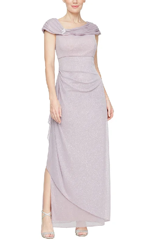 Wedding guest dresses with empire waists and tulle skirtsLong Glitter Mesh Sleeveless L-Neck Dress with Embellished Ruched Neckline and Cascade Detail Skirt