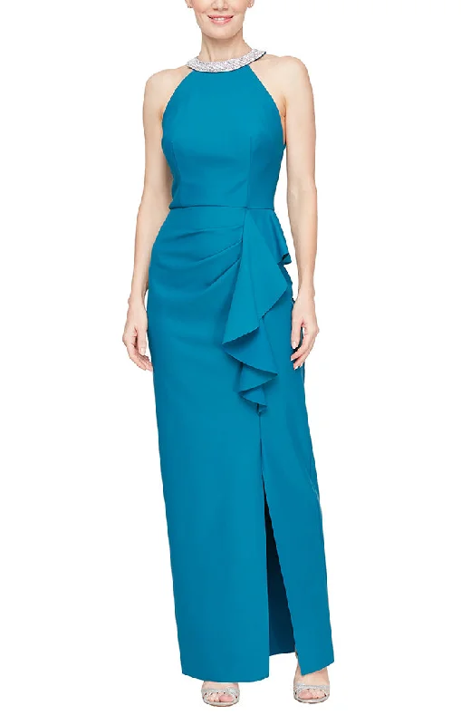 Wedding guest dresses with tassel - adorned belts and A - line skirtsLong Halter Neck Compression Dress with Embellished Neckline and Cascade Skirt