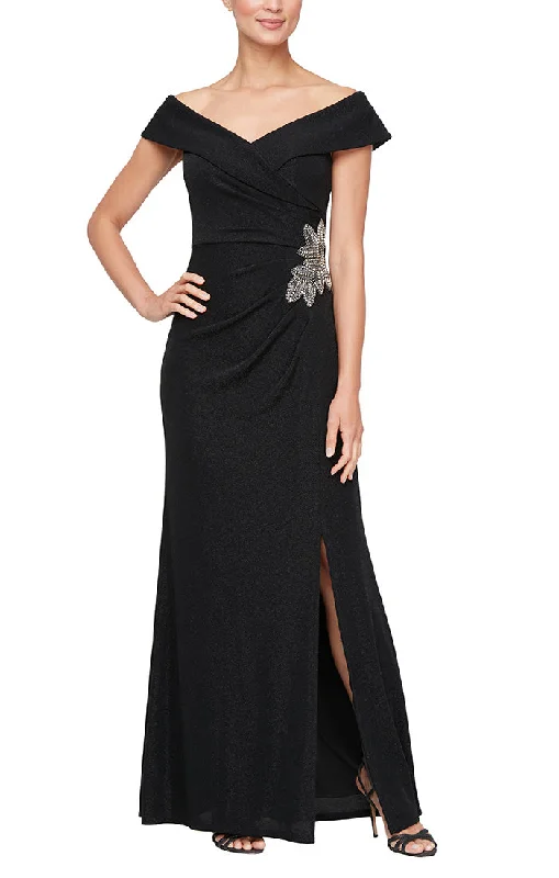 Wedding guest dresses with tiered skirts for a feminine lookLong Off the Shoulder Metallic Knit Dress with Beaded Hip Detail and Front Slit