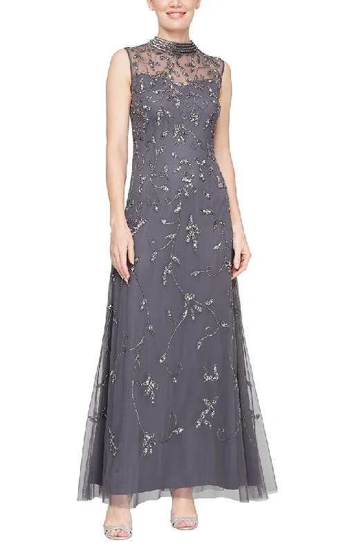 Wedding guest dresses with gathered skirts and V - necklinesLong Sleeveless Hand Beaded Dress with Illusion Sweetheart Neckline