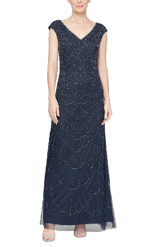 Wedding guest dresses with belted waists and knee - length skirtsLong Sleeveless Hand Beaded Dress with V-Neckline