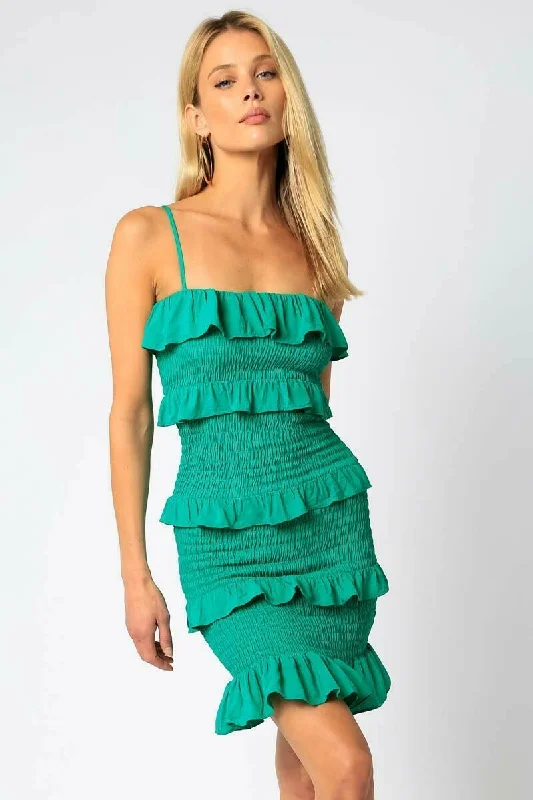 Velvet - trimmed wedding guest dresses in burgundy for a formal eventMajor Flirt Green Smocked Mini Dress