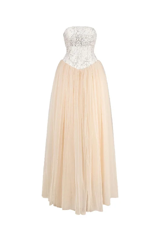 Party dresses with a criss - cross back design for a stylish detail​Maris Gathered Straight Across Neck Cotton Mesh Floor Length Dress