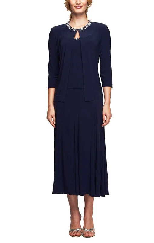 Midi wedding guest dresses in navy blue for a formal affairMatte Jersey Jacket Dress with Sequin Beaded Trim