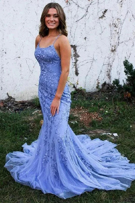 Party dresses with a polka - dot pattern for a classic and playful style​Mermaid Backless Blue Lace Long Prom Dresses Formal Dresses PSK424