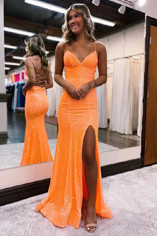 Beach party dresses made of lightweight and breathable fabric​Mermaid Spaghetti Straps Orange Tight Prom Dress With Split PSK442