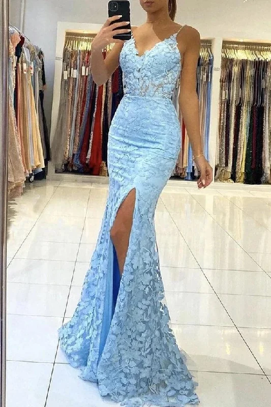 Party dresses with a leatherette material for a tough and stylish appearance​Mermaid V Neck Backless Blue Lace Long Prom Evening Dress  PSK422