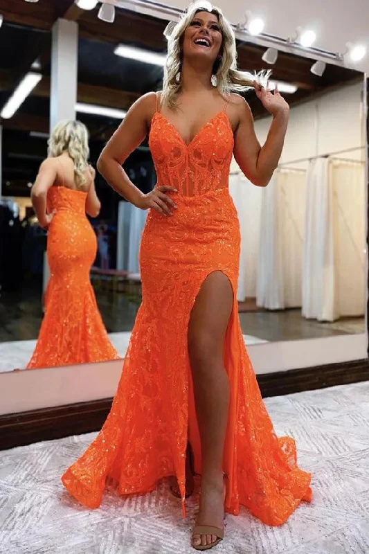 Tulle party dresses with a fairy - tale charm for formal occasions​Mermaid V Neck Glitter Slit Orange Long Prom Dress PSK416