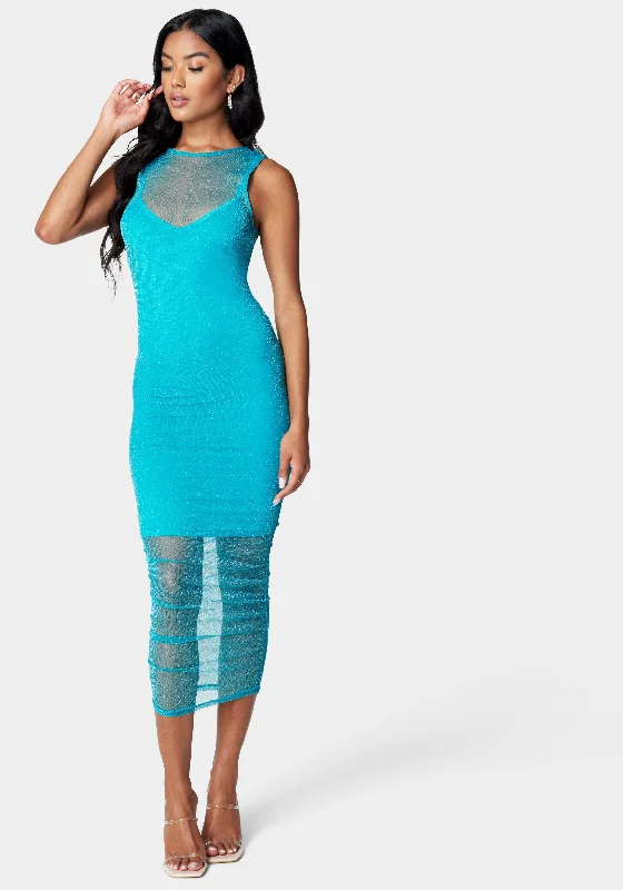 Bodycon dress with a mesh insert for a stylish edge​Metallic Bold Shoulder Dress