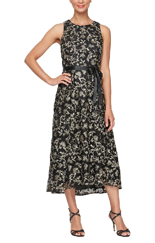 Wedding guest dresses with gathered skirts and V - necklinesMidi Embroidered Sleeveless Dress with High/Low Hem & Tie Belt