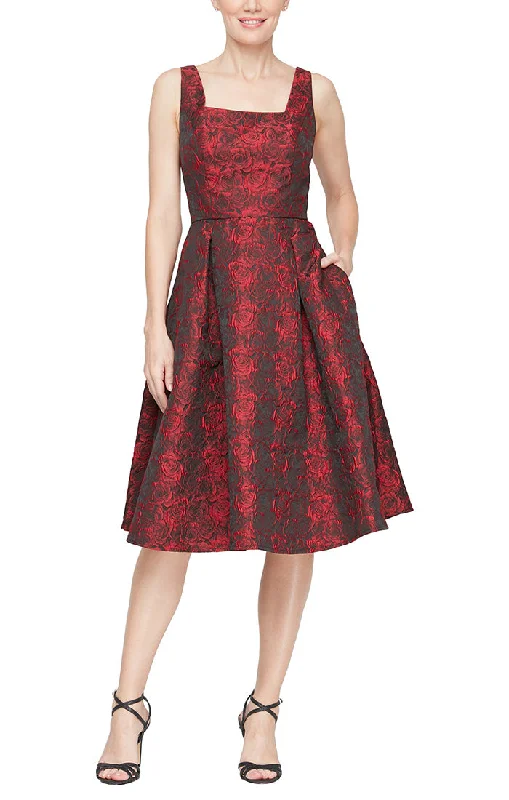 Velvet - trimmed wedding guest dresses in burgundy for a formal eventMidi Printed Jacquard Dress with Square Neckline & Full Skirt