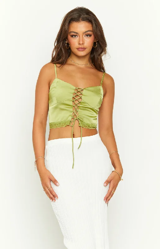 Satin wedding guest dresses with side slits for a sexy touchNyssa Green Lace Front Top