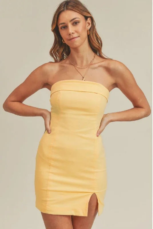 One - shoulder wedding guest dresses with beaded detailsOn My Mind Yellow Strapless Mini Dress