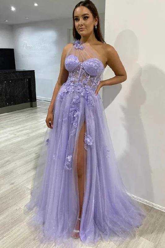 Party dresses with a peplum waist for a feminine and flattering silhouette​One Shoulder Purple Blue Lace Split Prom Dresses Evening Dresses PSK426