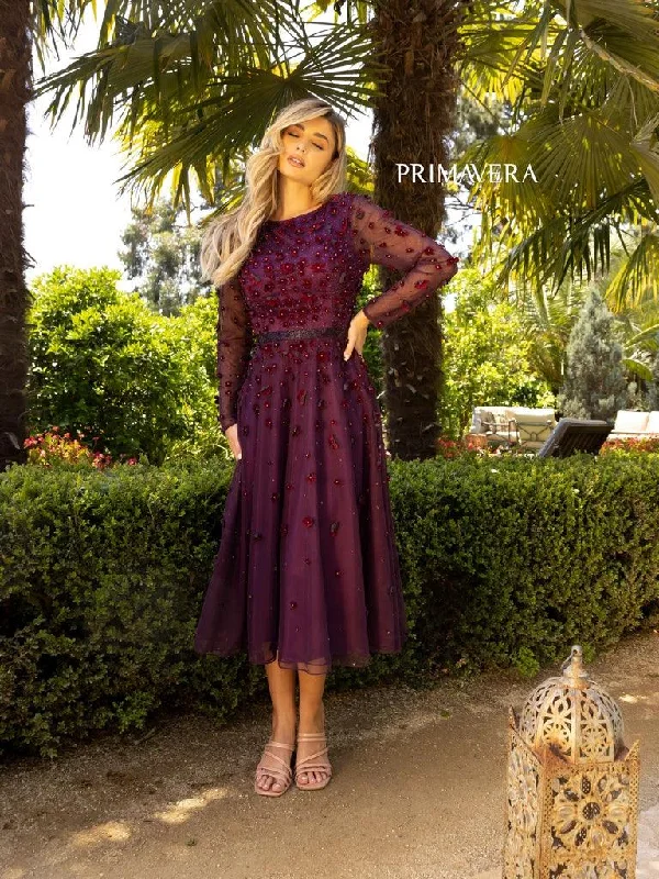 Bodycon dress with a peplum hem​Primavera Couture Long Sleeve Tea Length Dress 11072