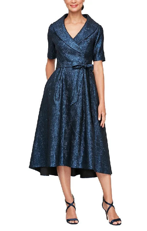 Cotton wedding guest dresses with smocked details for a casual weddingShort Portrait Collar Stretch Jacquard Party Dress with Elbow Sleeves & Tie Waist