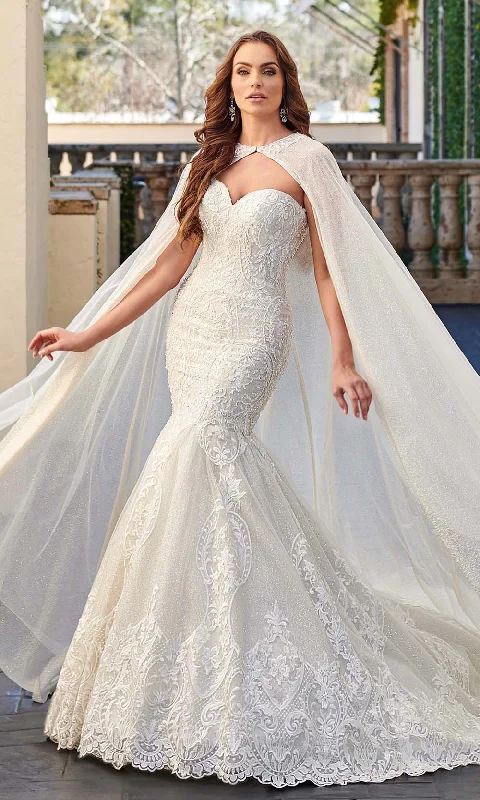 Strapless tulle wedding dresses for a fairy - tale feel​Rachel Allan - M781 Embroidered Lace Mermaid Wedding Gown With Cape