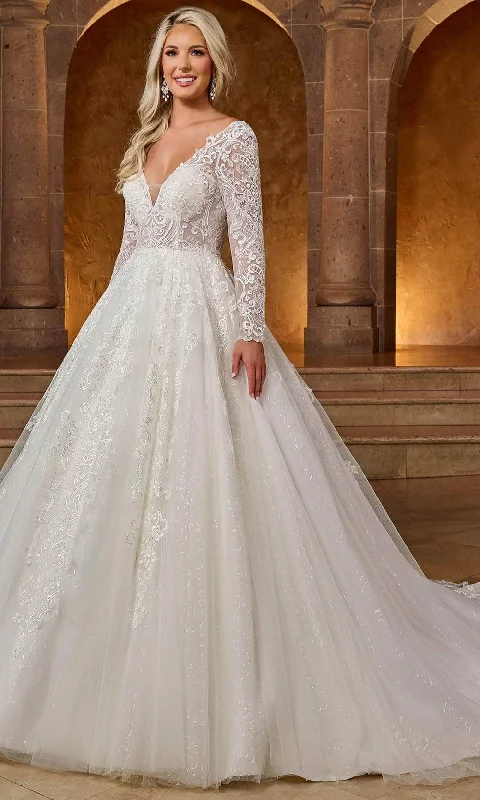 Empire - line wedding dresses with a ruffled skirt​Rachel Allan RB4180 - Long Sleeve Lace Bridal Ballgown