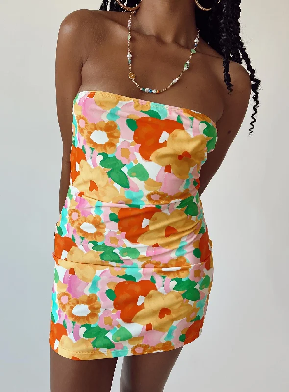 Bodycon dress with a transparent panel​Paradise City Mini Dress Yellow Floral