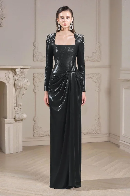 Party dresses with a jacquard pattern for a rich and detailed look​Samantha Sarong Side Slit Silk Floor Length Dress