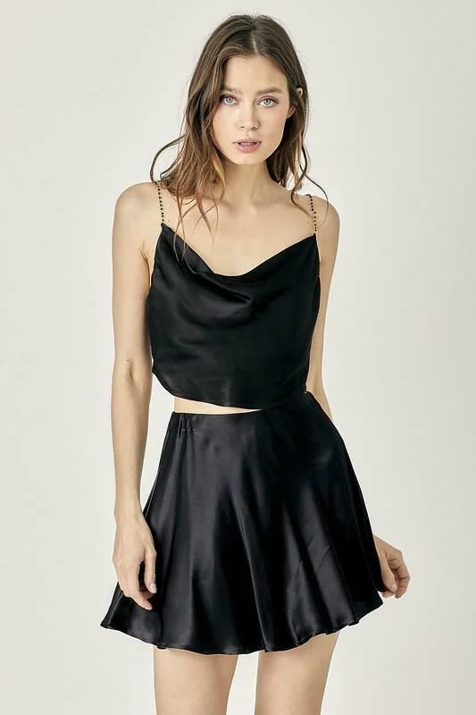 Wedding guest dresses with pom - pom trims for a playful lookSelma Black Satin Two-Piece Mini Dress